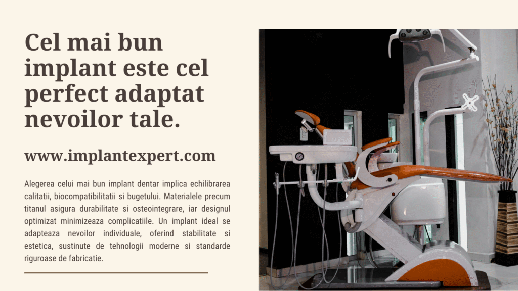 Un cabinet stomatologic modern cu un scaun dentar și echipamente, având un text suprapus despre alegerea celui mai bun implant dentar.
